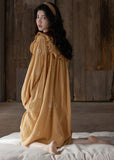 Momentlover Women Orange Ruffled Print Cozy Cotton Maxi Dress Long Sleeve LY1967