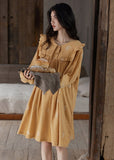 Momentlover Women Orange Ruffled Print Cozy Cotton Maxi Dress Long Sleeve LY1967