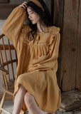 Momentlover Women Orange Ruffled Print Cozy Cotton Maxi Dress Long Sleeve LY1967
