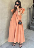 Momentlover Women Orange Square Collar Oversized Cotton A Line Dresses Butterfly Sleeve LY1779