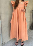 Momentlover Women Orange Square Collar Oversized Cotton A Line Dresses Butterfly Sleeve LY1779