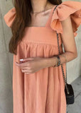 Momentlover Women Orange Square Collar Oversized Cotton A Line Dresses Butterfly Sleeve LY1779