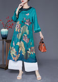 Momentlover Women Peacock Blue Print Side Open Silk Holiday Dress Bracelet Sleeve LY1779