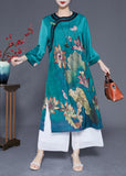 Momentlover Women Peacock Blue Print Side Open Silk Holiday Dress Bracelet Sleeve LY1779