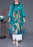 Momentlover Women Peacock Blue Print Side Open Silk Holiday Dress Bracelet Sleeve LY1779