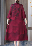Momentlover Women Red Stand Collar Print Silk Robe Dresses Bracelet Sleeve LY1766