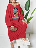 Momentlover Plus Size Off The Shoulder Figure Letter Butterfly Print Dress AT9674