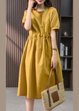 Momentlover Yellow Drawstring Slim Linen Long Dress Short Sleeve LY1752