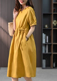 Momentlover Yellow Drawstring Slim Linen Long Dress Short Sleeve LY1752