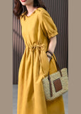 Momentlover Yellow Drawstring Slim Linen Long Dress Short Sleeve LY1752