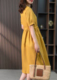 Momentlover Yellow Drawstring Slim Linen Long Dress Short Sleeve LY1752