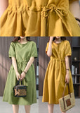 Momentlover Yellow Drawstring Slim Linen Long Dress Short Sleeve LY1752