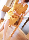 Momentlover Yellow Slim Fit Knit Mid Dress Turn-down Collar Half Sleeve LY1444