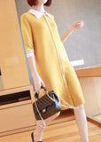 Momentlover Yellow Slim Fit Knit Mid Dress Turn-down Collar Half Sleeve LY1444