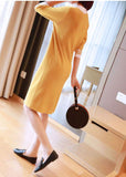 Momentlover Yellow Slim Fit Knit Mid Dress Turn-down Collar Half Sleeve LY1444