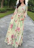 Momentlover Yellow Tie Waist Chiffon Maxi Beach Dresses Long Sleeve LY1695