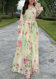 Momentlover Yellow Tie Waist Chiffon Maxi Beach Dresses Long Sleeve LY1695