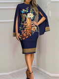 Momentlover Plus Size Peacock Floral Print Striped Bodycon Dress AT9666