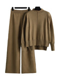 Momentlover Stylish High-Low Long Sleeves Split-Side Solid Half Turtleneck Sweater Tops & Wide Leg Pants Two Pieces Set