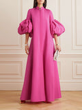 Momentlover Loose Flower Shape Solid Color Stand Collar Lantern Sleeves Maxi Dresses