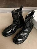 Momentlover Zipper Split-Joint Round-Toe Belt Buckle Boots