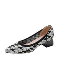 Momentlover Round Cut Pointed-Toe Houndstooth Contrast Color Pumps Mid Heels