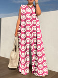 Momentlover Loose Sleeveless Contrast Color Printed Round-Neck Jumpsuits