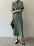 Momentlover Casual A-Line Long Sleeves Bandage Solid Color Lapel Collar Shirt Midi Dresses