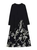 Momentlover Split-Joint Flower Print Asymmetric Loose Long Sleeves V-Neck Midi Dresses