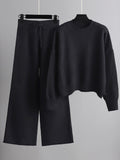 Momentlover Urban Loose Long Sleeves Solid Color Round-Neck High-Low Sweater Tops & Wide Leg Pants Suits