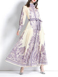 Momentlover Tied Waist See-Through Printed Puff Sleeves A-line Stand Collar Maxi Dresses