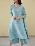 Momentlover Casual Loose Three-Quarter Sleeves Pleated Solid Color T-Shirt&Pants Two Pieces Set