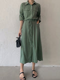 Momentlover Casual A-Line Long Sleeves Bandage Solid Color Lapel Collar Shirt Midi Dresses