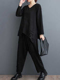 Momentlover Solid Color Long Sleeves Asymmetric Split-Joint V-Neck T-Shirts Top + Harem Pants Elasticity Pants Bottom Two Pieces Set