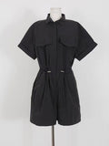 Momentlover Loose Wide Leg Drawstring Solid Color Zipper Notched Collar Rompers