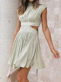 Momentlover Solid Color Pleated Belly-Hollow Skinny Stand Collar Mini Dresses