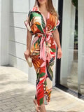 Momentlover Tied Waist Printed Buttoned Short Sleeves High Waisted Lapel Shirt Dress Maxi Dresses