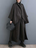 Momentlover Solid Color Long Sleeves Loose Buttoned Pleated Stand Collar Shirts Top + Pants Bottom Two Pieces Set
