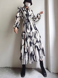 Momentlover Tied Split-Joint Printed Hollow Elasticity Puff Sleeves Loose Mock Neck Midi Dresses