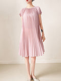 Momentlover Urban Loose Pleated Solid Color Round-Neck Mini Dresses