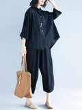 Momentlover Two-Pieces Black Loose Shirt And Ninth Pants Suit