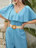 Momentlover Split-Joint Solid Color Ruffle Sleeves High Waisted V-Neck Jumpsuits