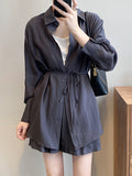 Momentlover Loose Solid Color Long Sleeves Blouse + Pleated Shorts Two Pieces Set