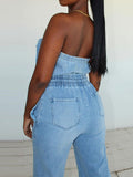 Momentlover Split-Joint Pockets Pleated Elasticity Straight Leg Sleeveless Tube Jumpsuits