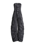 Momentlover Split-Joint Pockets Buttoned Wide Leg Sleeveless Tube Jumpsuits