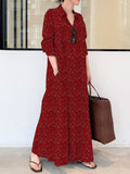 Momentlover Vintage Printed Lapel Long Sleeve Shirt Maxi Dress