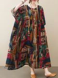 Momentlover Vintage Loose Abstract Printed Pleated Round-Neck Half Sleeves Midi Dress