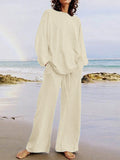 Momentlover Loose Solid Color Long Sleeves Round-neck Shirts Top + Drawstring Pants Bottom Two Pieces Set