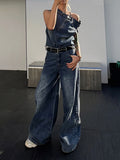Momentlover Asymmetric Boat Neck Fringed Vest Top+ Belted High Waisted Jeans Bottom Two Pieces Set
