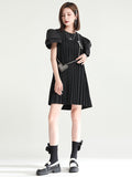 Momentlover Urban Puff Sleeves Split-Joint Black Pleated Mini Dress